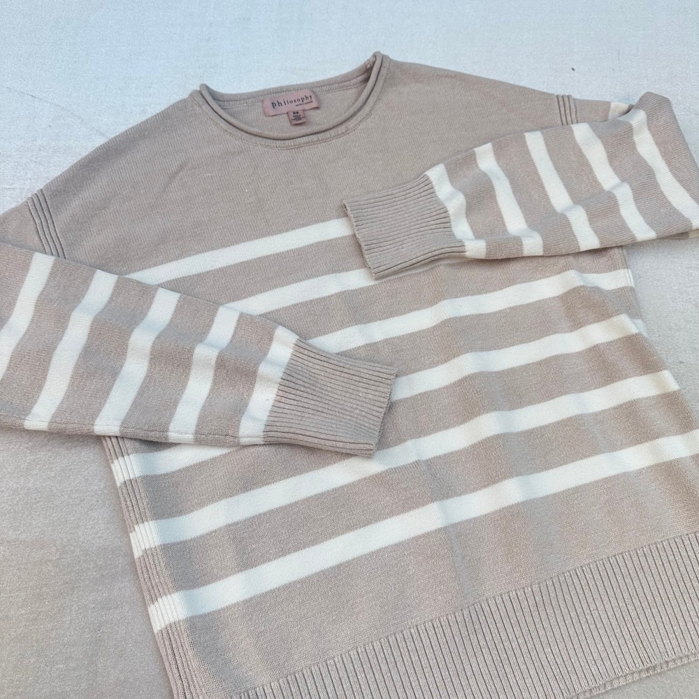 Philosophy Republic Womens Medium Pale Rose Gold Pink Ivory Striped Knit Sweater